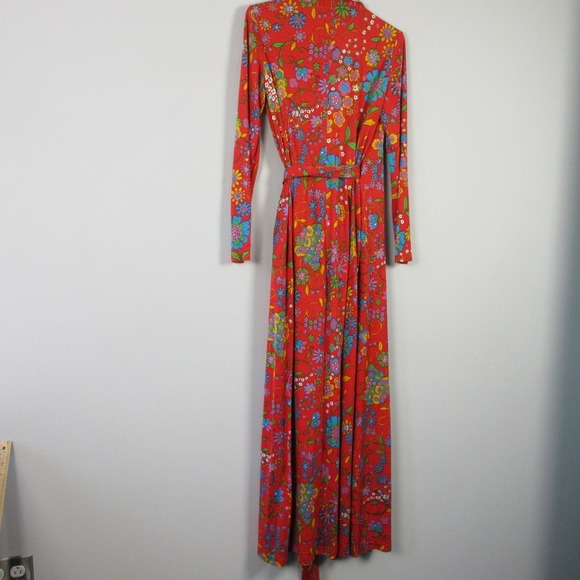 Mollie Parnis At Home Wrap Maxi Dress Day True Vintage Red Floral 70s Retro 612 - Picture 9 of 11